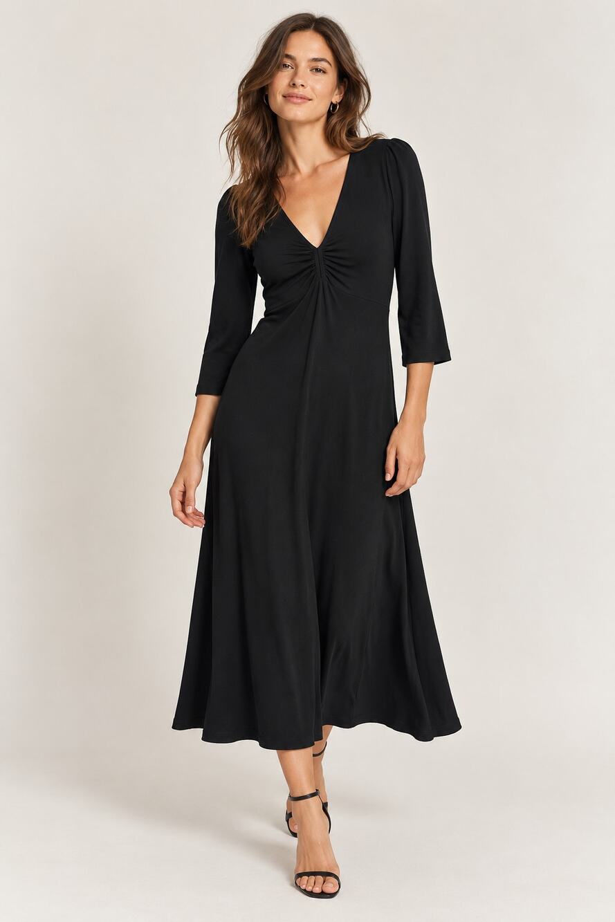Agnes b. Black Ruched V-Neck Empire Waist Midi Dress Jersey Size 2/US 6/Medium